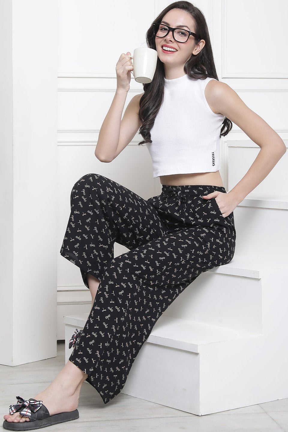 Black & White Abtsract Printed Flared Viscose Rayon Lounge Pants Claura Designs Pvt. Ltd. Lounge Pants Loungepant_size, Lower, Pajama, Plazzo, Rayon, White, Women