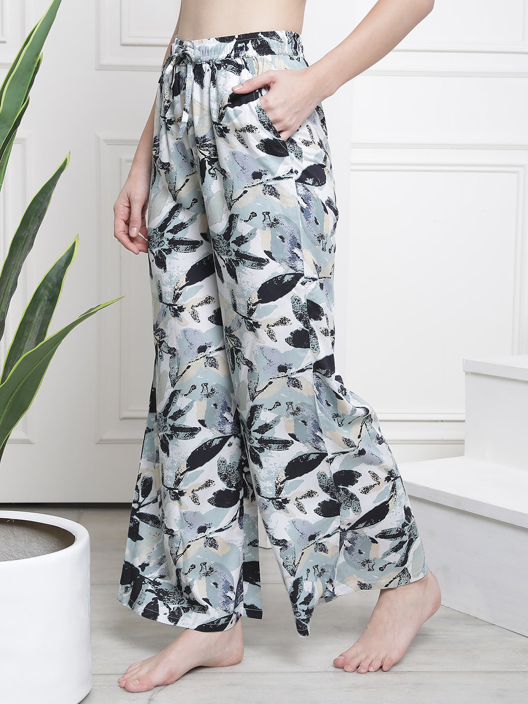 Black Color Tropical Printed Cotton Flared Lounge Pants Claura Designs Pvt. Ltd. Lounge Pants Black, Lounge Pant, Loungepant_size, Lower, Pajama, Plazzo, Rayon, tropical, White