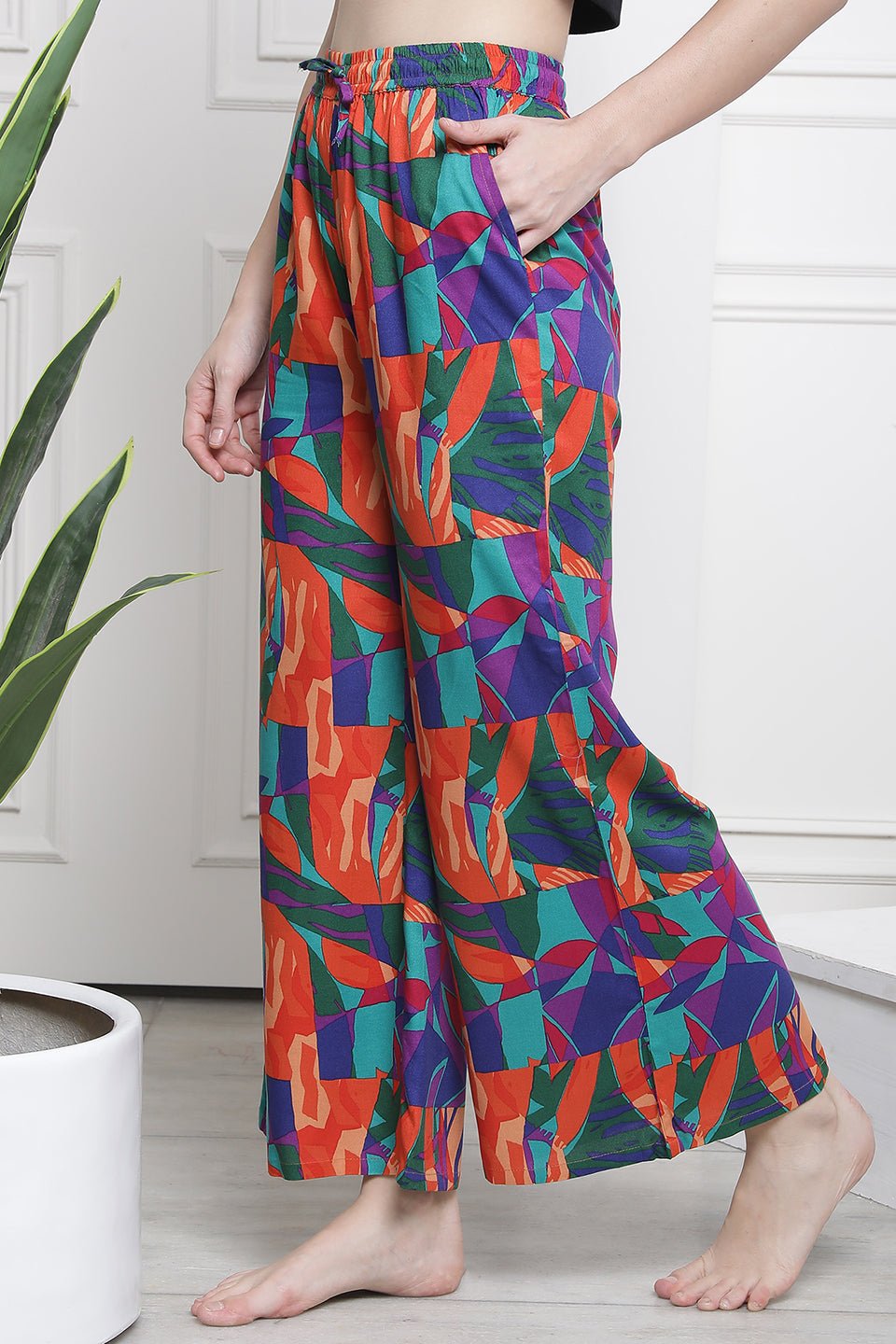 Multi Color Abstract Printed Cotton Lower For Women Claura Designs Pvt. Ltd. Lounge Wear Abstract, Cotton, Lounge Pant, Loungepant_size, Lower, multi color, Pajama, Printed