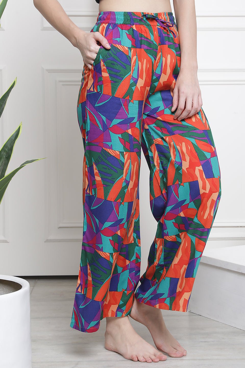 Multi Color Abstract Printed Cotton Lower For Women Claura Designs Pvt. Ltd. Lounge Wear Abstract, Cotton, Lounge Pant, Loungepant_size, Lower, multi color, Pajama, Printed