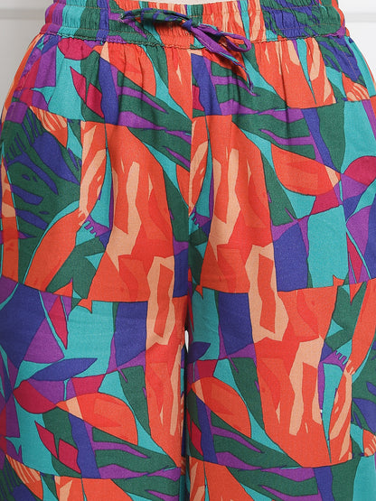 Multi Color Abstract Printed Cotton Lower For Women Claura Designs Pvt. Ltd. Lounge Wear Abstract, Cotton, Lounge Pant, Loungepant_size, Lower, multi color, Pajama, Printed