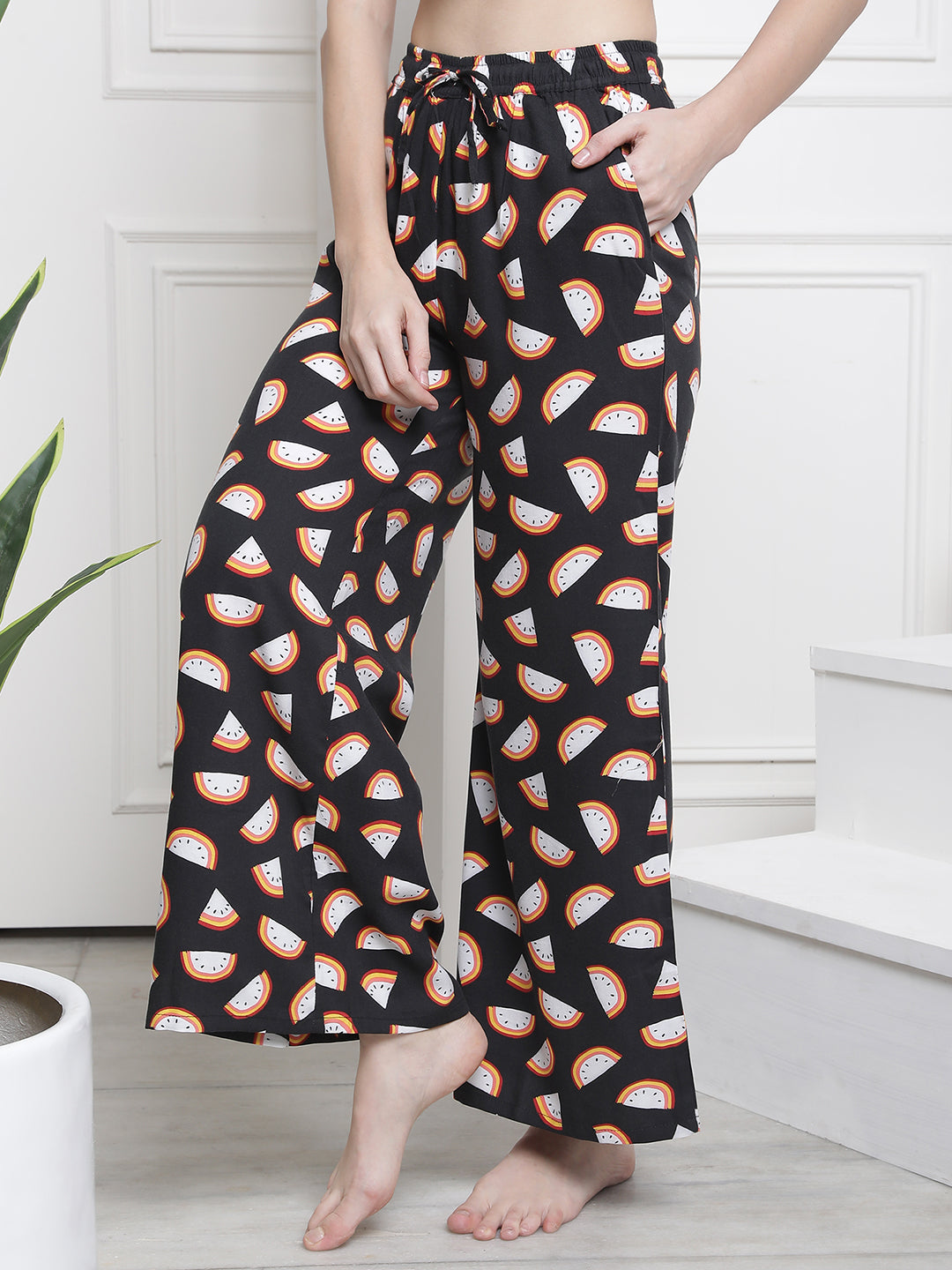 Black Color Abstract Printed Viscose Rayon Lower For Women Claura Designs Pvt. Ltd. Lounge Pants Abstract, Black, Flarred, Lounge Pant, Loungepant_size, Lower, pajama, Pants, Plazzo, Rayon, Women