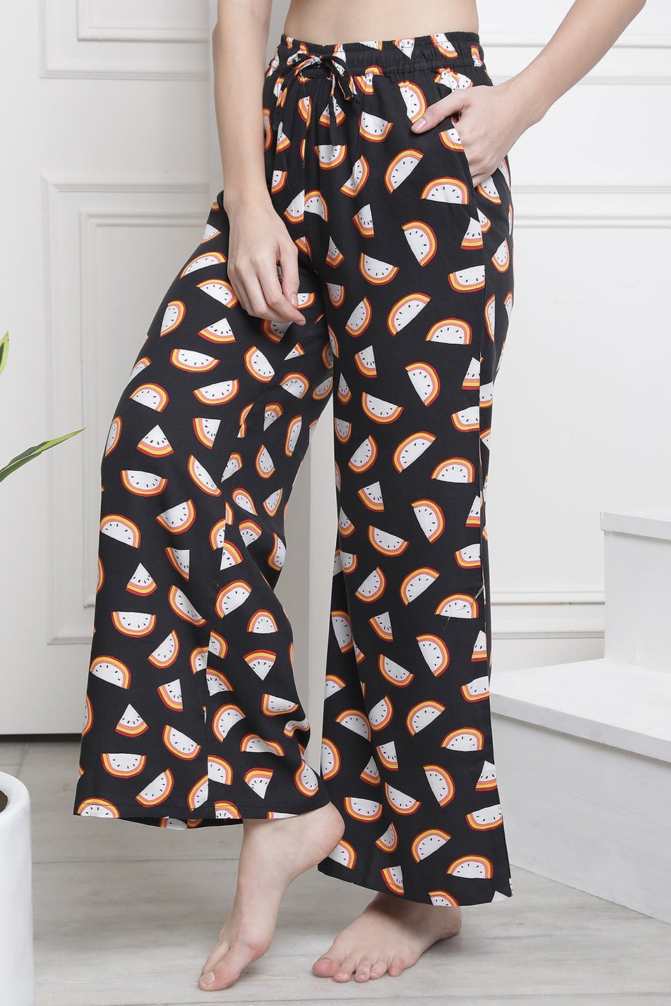 Black Color Abstract Printed Viscose Rayon Lower For Women Claura Designs Pvt. Ltd. Lounge Pants Abstract, Black, Flarred, Lounge Pant, Loungepant_size, Lower, pajama, Pants, Plazzo, Rayon, Women