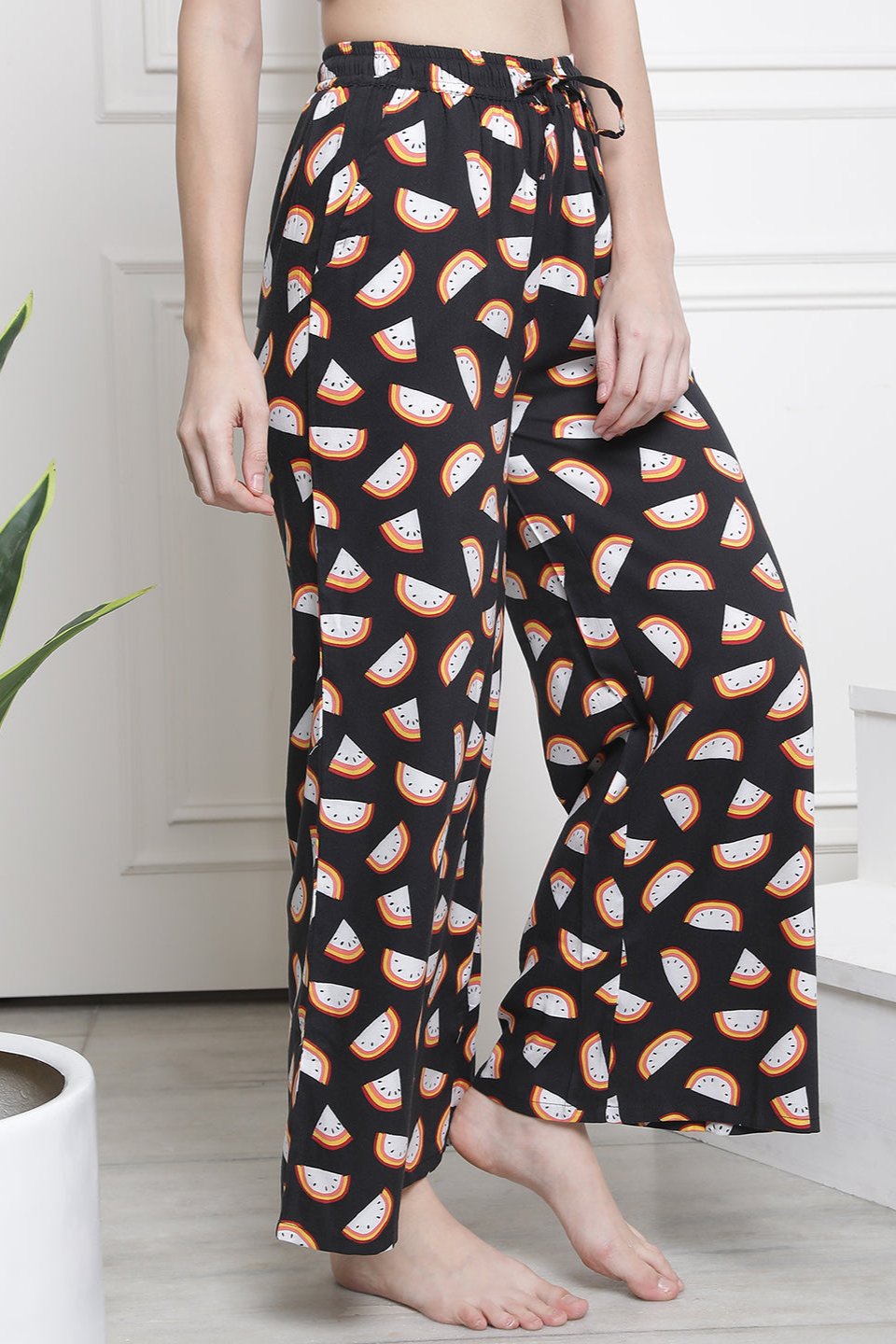 Black Color Abstract Printed Viscose Rayon Lower For Women Claura Designs Pvt. Ltd. Lounge Pants Abstract, Black, Flarred, Lounge Pant, Loungepant_size, Lower, pajama, Pants, Plazzo, Rayon, Women