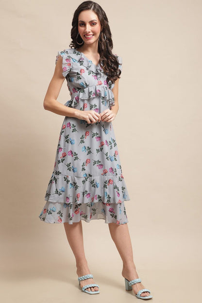 Grey Color Floral Printed Georgette Dress For Women Claura Designs Pvt. Ltd. Ethic dress Dress, Dresses, Floral Printed, Georgette, Grey, Party wear, Western