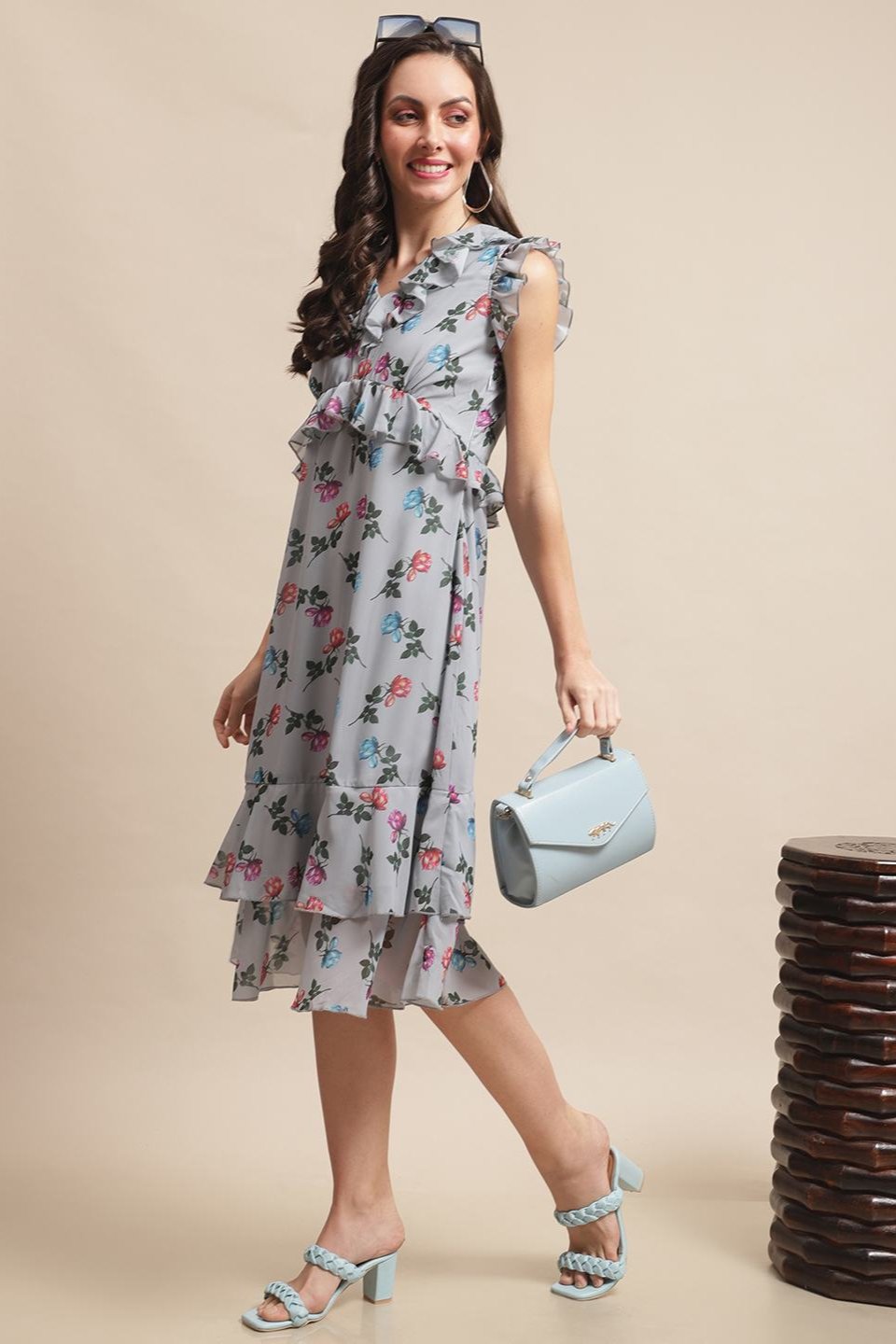 Grey Color Floral Printed Georgette Dress For Women Claura Designs Pvt. Ltd. Ethic dress Dress, Dresses, Floral Printed, Georgette, Grey, Party wear, Western