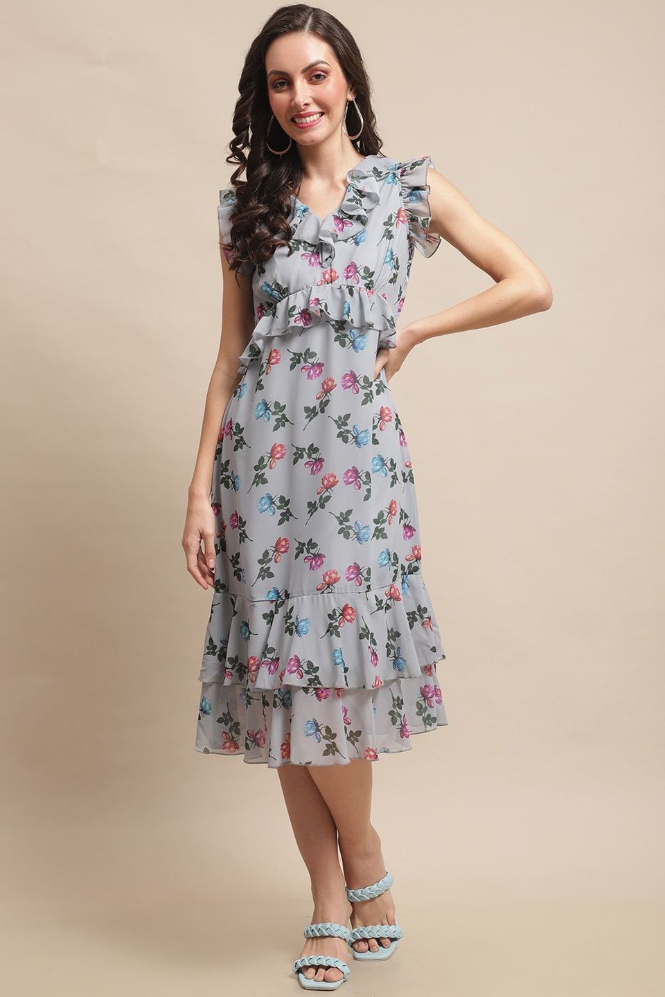 Grey Color Floral Printed Georgette Dress For Women Claura Designs Pvt. Ltd. Ethic dress Dress, Dresses, Floral Printed, Georgette, Grey, Party wear, Western