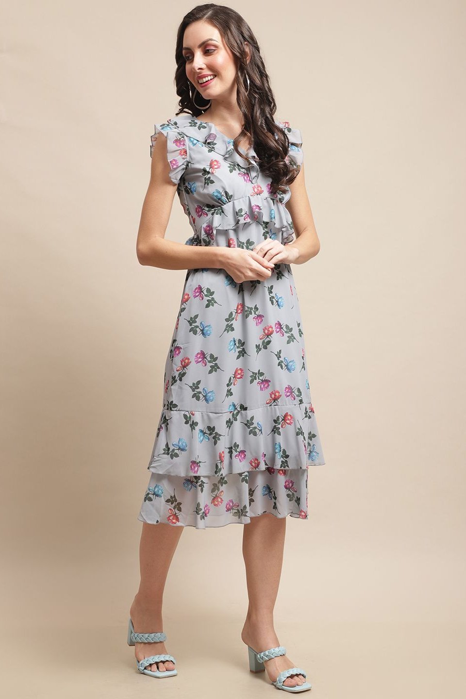 Grey Color Floral Printed Georgette Dress For Women Claura Designs Pvt. Ltd. Ethic dress Dress, Dresses, Floral Printed, Georgette, Grey, Party wear, Western