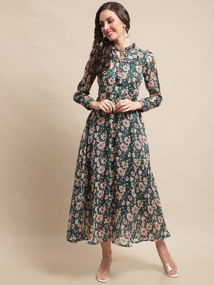 Green Color Floral  Printed Georgette Dress For Women Claura Designs Pvt. Ltd. Ethic dress Dresses, Ethnic, Floral, Georgette, Green, Party wear, Western