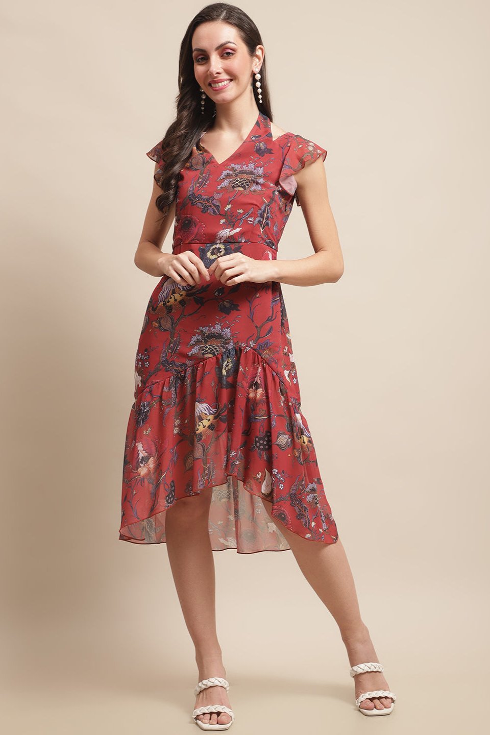 Maroon Color Floral Printed Georgette Dress For Women Claura Designs Pvt. Ltd. Ethic dress Dresses, Floral, Georgette, Maroon, Short Sleeves