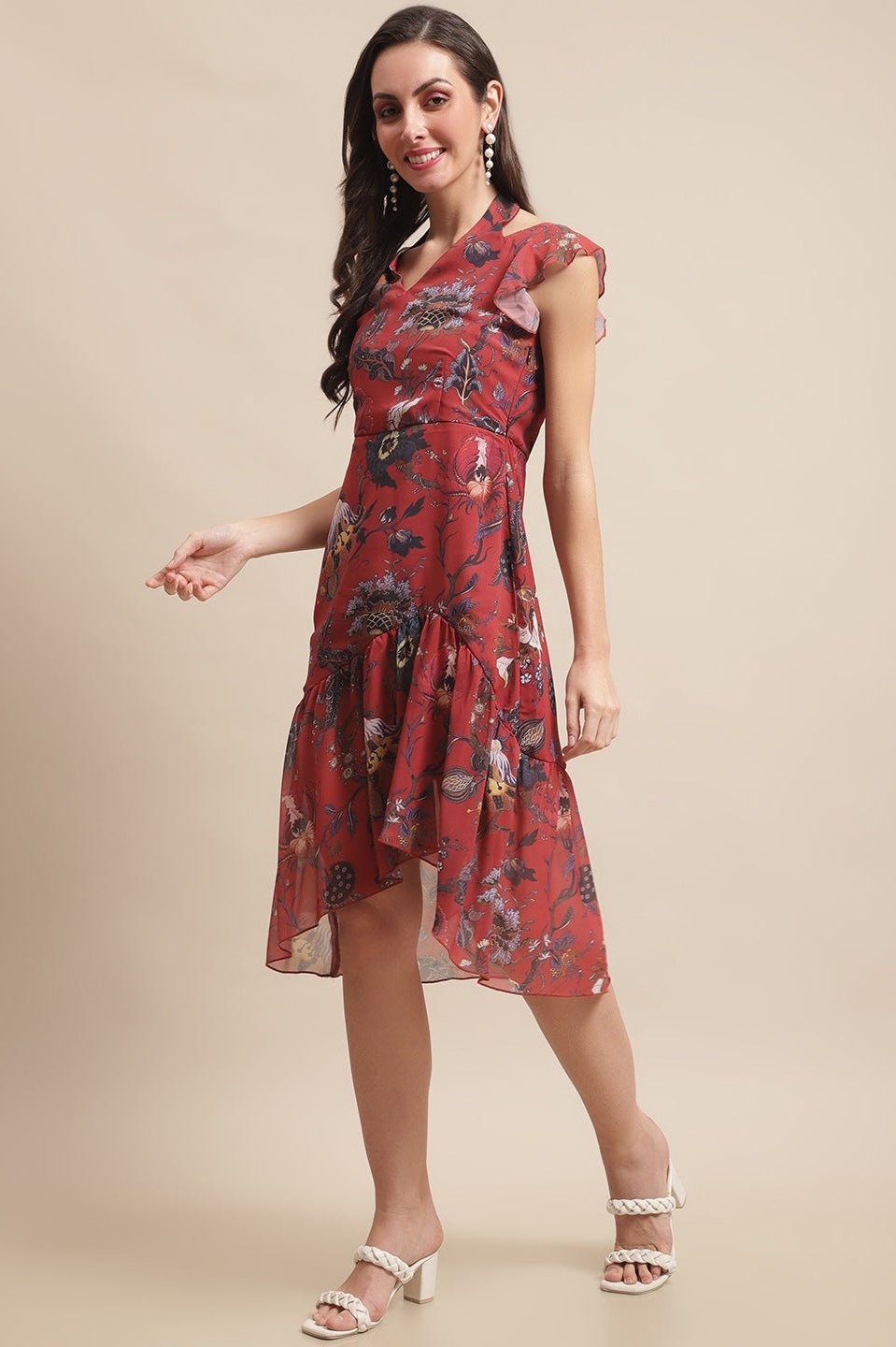 Maroon Color Floral Printed Georgette Dress For Women Claura Designs Pvt. Ltd. Ethic dress Dresses, Floral, Georgette, Maroon, Short Sleeves