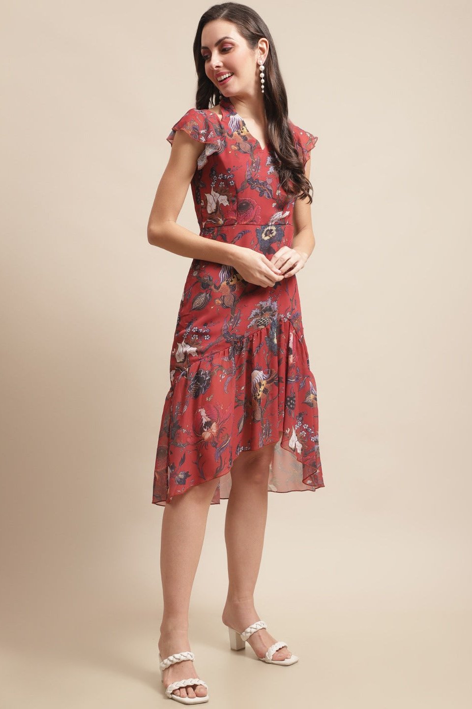 Maroon Color Floral Printed Georgette Dress For Women Claura Designs Pvt. Ltd. Ethic dress Dresses, Floral, Georgette, Maroon, Short Sleeves