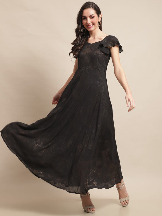 Black Solid Printed Self Design Georgette Dress For Women Claura Designs Pvt. Ltd. Ethic dress Black, Dresses, Ethnic, Georgette, Party wear, Western