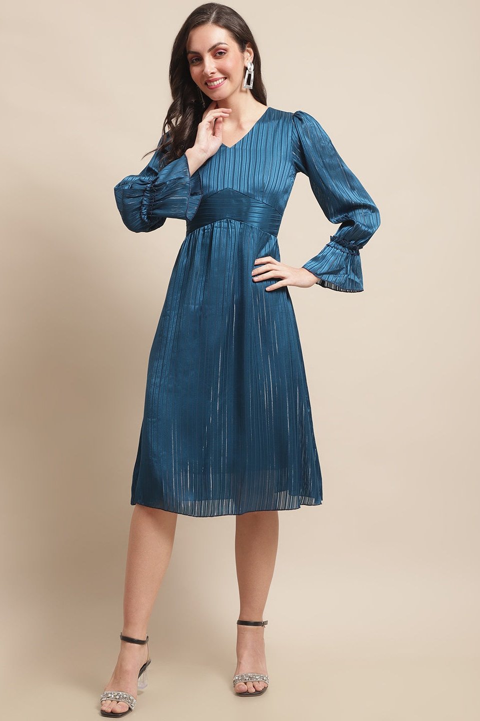 Blue Georgette V-Neck Dress for Women