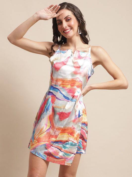 Multi Color Abstract Printed Satin Dress For Women Claura Designs Pvt. Ltd. Ethic dress Abstract, Dress, Dresses, multi color, Printed, Satin, Silk, Women