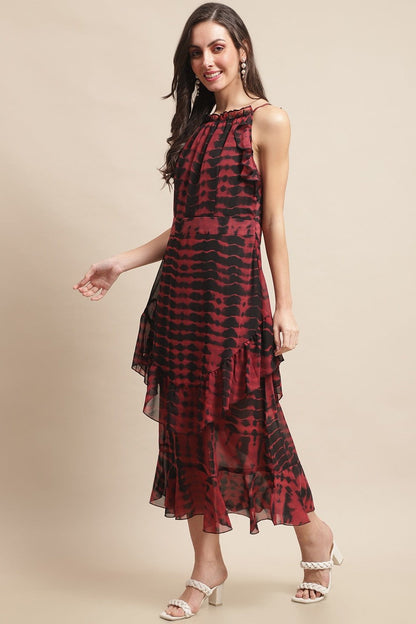 Maroon Color Abstract Printed Georgette Dress For Women Claura Designs Pvt. Ltd. Ethic dress Abstract, black, Dresses, Georgette, Maroon, Printed