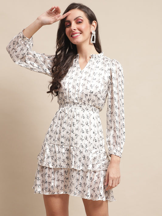 White Color Floral Printed Georgette Dress For Women Claura Designs Pvt. Ltd. Ethic dress Dresses, Floral, Georgette, Long Sleeves, Party wear, Printed, White