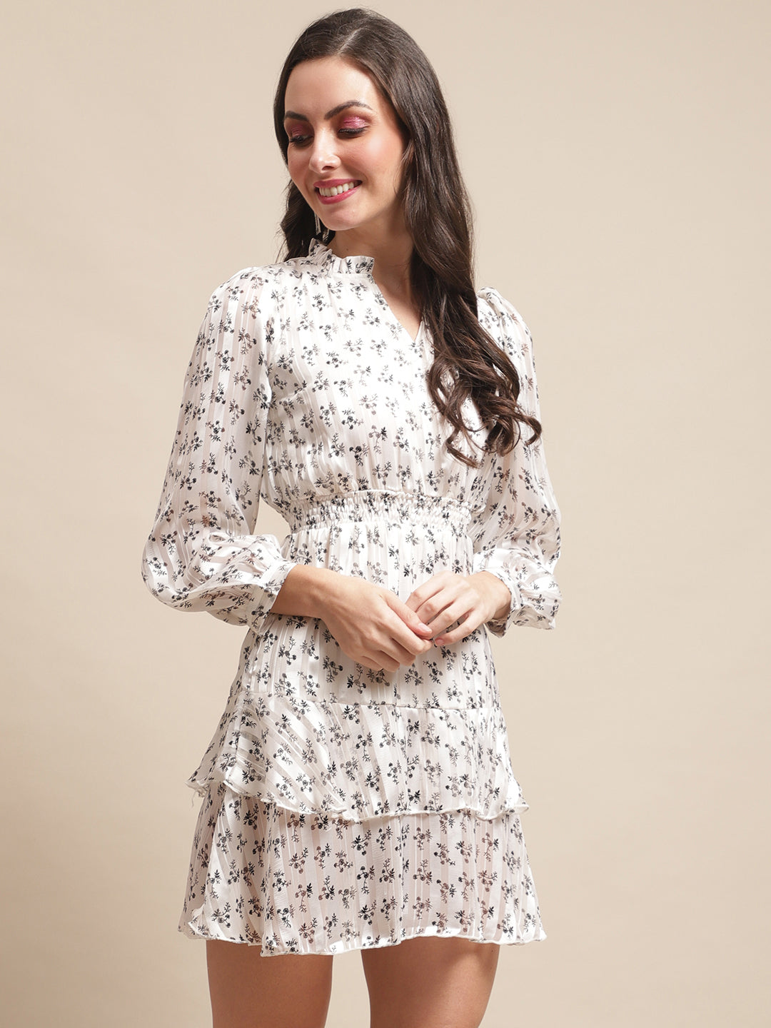 White Color Floral Printed Georgette Dress For Women Claura Designs Pvt. Ltd. Ethic dress Dresses, Floral, Georgette, Long Sleeves, Party wear, Printed, White
