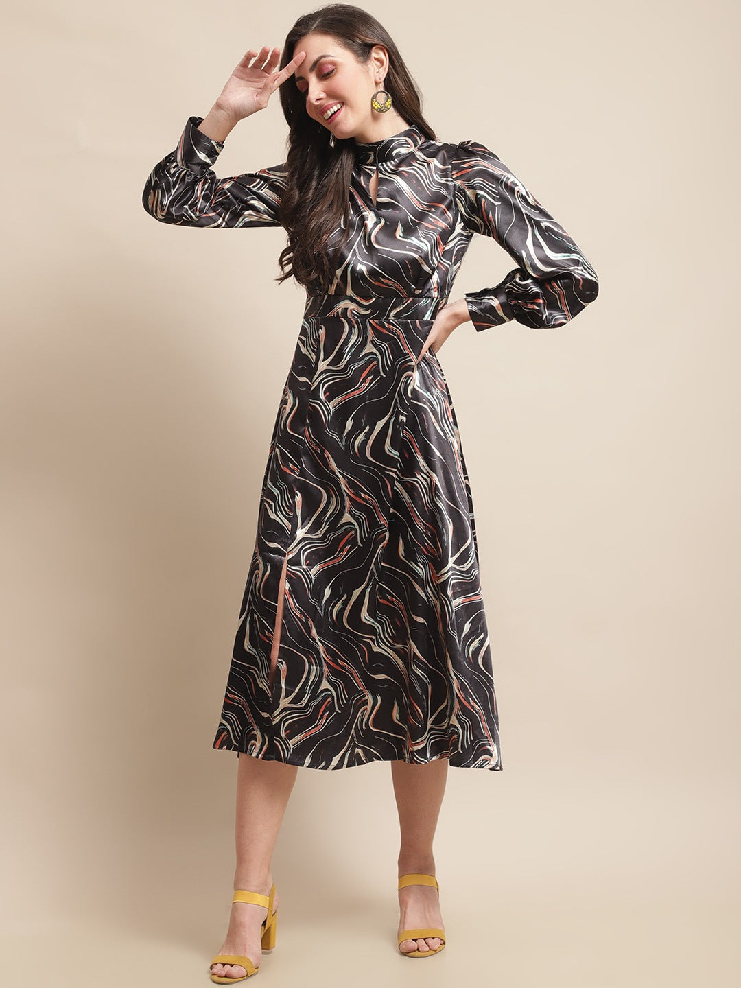 Black Astract Printed Satin Fit & Flare Midi Dress Claura Designs Pvt. Ltd. Ethic dress Black, Dresses, Ethnic, Full Sleeves, Party wear, Satin, Western