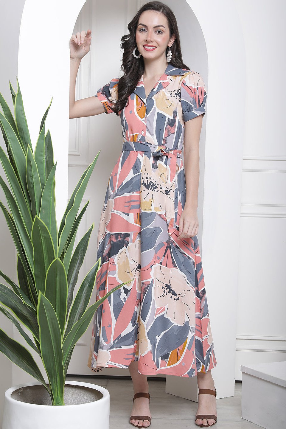 Pink & Grey Floral Printed Viscose Rayon  Puff Sleeves Shirt Collar Maxi Dress Claura Designs Pvt. Ltd. Ethic dress Collar Neck, Dresses, Floral, Pink, Printed, Rayon, Short Sleeves