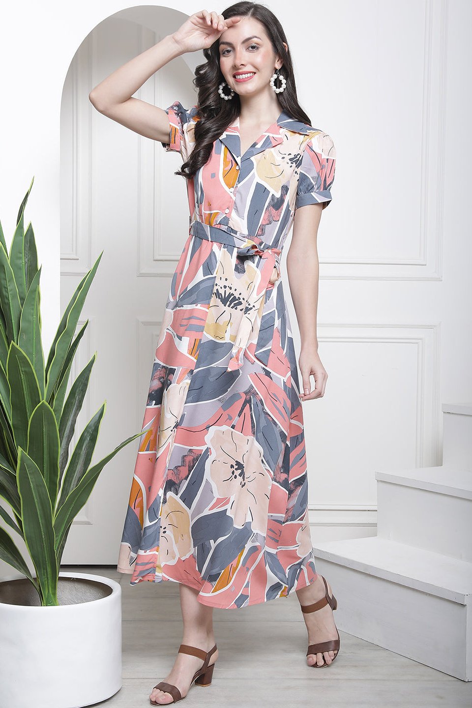 Pink & Grey Floral Printed Viscose Rayon  Puff Sleeves Shirt Collar Maxi Dress Claura Designs Pvt. Ltd. Ethic dress Collar Neck, Dresses, Floral, Pink, Printed, Rayon, Short Sleeves