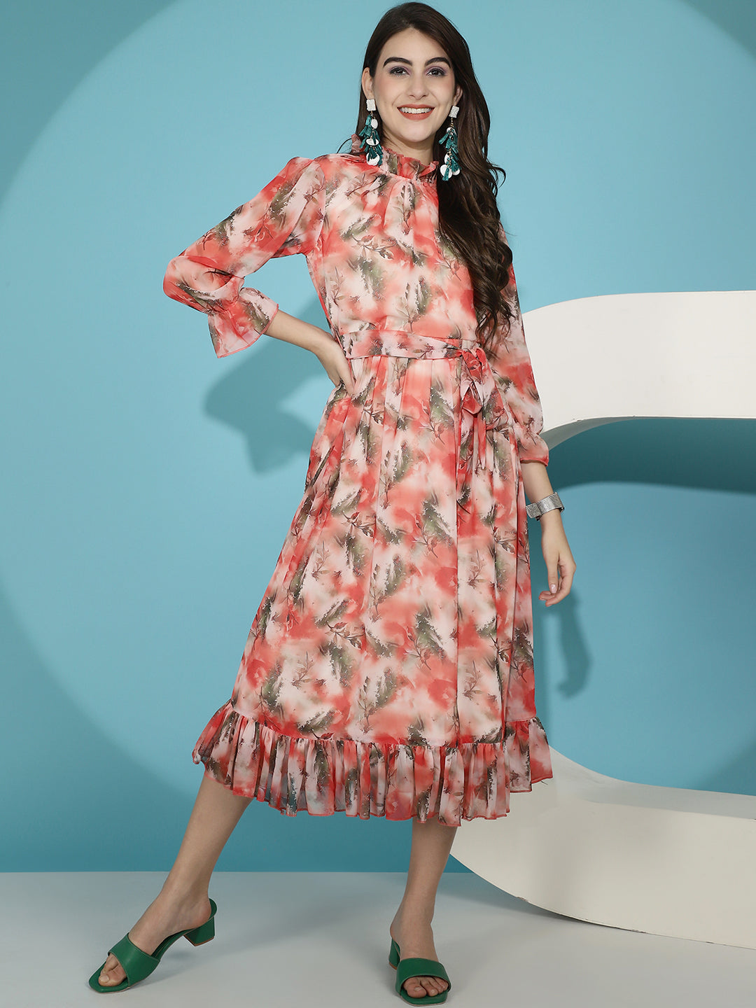 Red Floral Printed Georgette High Neck Midi Dress Claura Designs Pvt. Ltd. Ethic dress Dresses, Ethnic, Floral, Georgette, Party wear, Red, Western