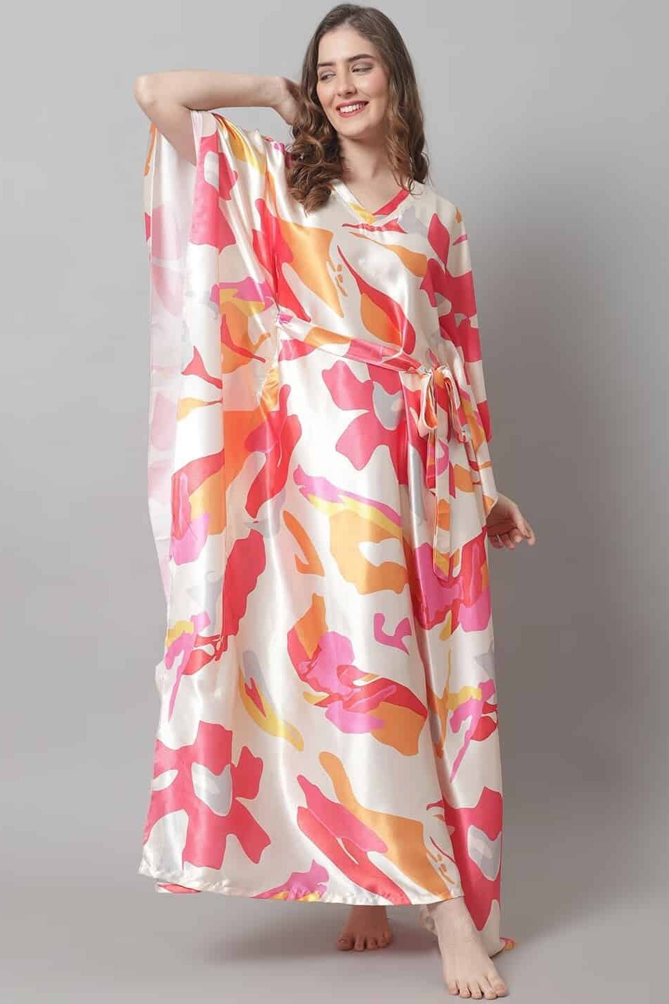 Cream Color Abstract Printed Satin Nighty Kaftan For Women Claura Designs Pvt. Ltd. Kaftan Abstract, cream color, Kaftan, Kaftan_allsizes, Nightdress, Printed, Satin, Short  Sleeves, Sleepwea